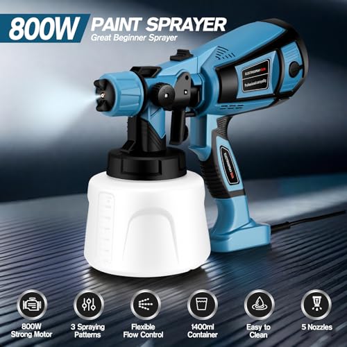 Paint Gun, 800W Electric Paint Sprayer, 4 Copper Nozzles with 1400 ml Capacity Sprayer, Suitable for Walls, Fences, Wood and Ceilings (Blue)