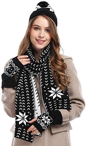 BienvenuWomen Lady Winter Warm Knitted Snowflake Hat Gloves and Scarf Winter Set