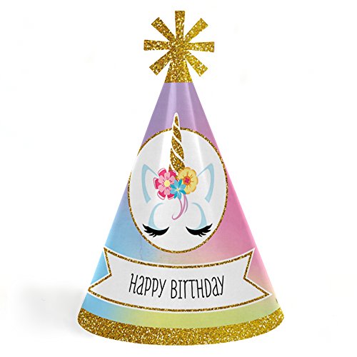 Rainbow Unicorn - Cone Magical Unicorn Happy Birthday Party Hats for Kids and Adults - Set of 8 (Standard Size)