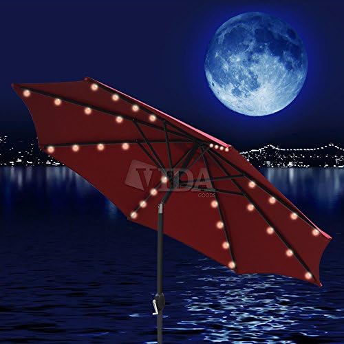 Build-in Solar LED Aluminium Patio Umbrella Light Deck Gazebo Yard Tilt (Maroon, 9')