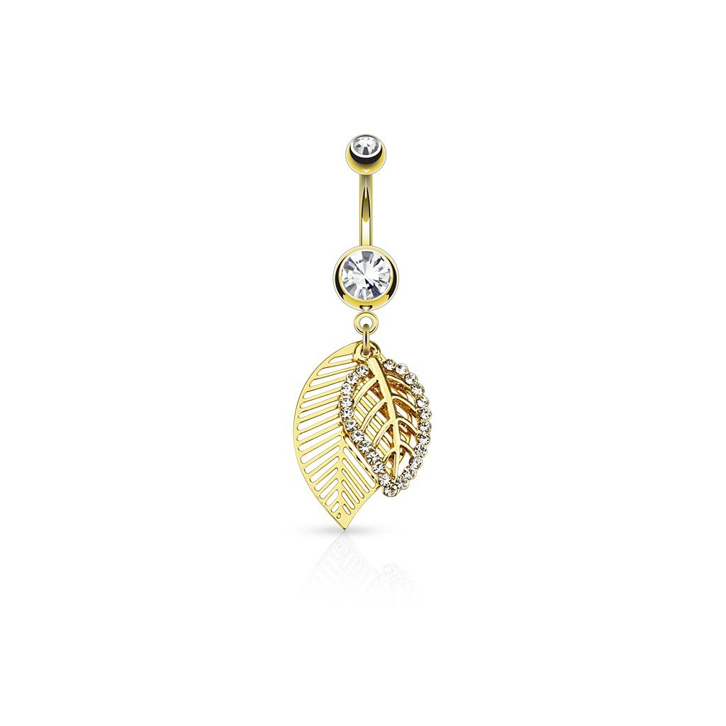 PiercedOff 316L Surgical Steel Gold Tone Belly Bar with CZ Paved Fantasy Leaves Dangle - Thickness 14GA (1.6mm / Length 10mm / Ball Sizes 5mm and 8mm / Dangle Leaf Size is 22mm x 13mm
