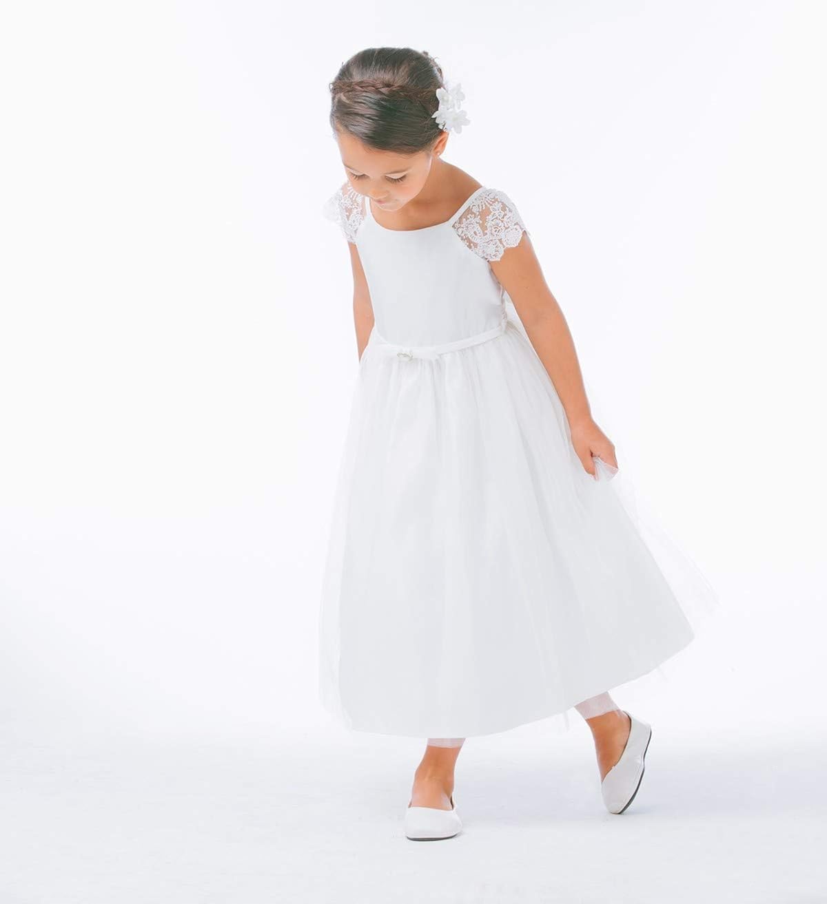 Sweet Kids Little Girls Off White Lace Sleeve Satin Flower