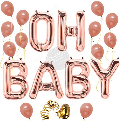 Oh Baby Letter Balloons, Rose Gold Baby Girl/Boy Shower Banner | Baby Shower Party Decorations Backdrop | Gender Reveal Party Balloons | 16 Inch, Mylar Foil Letter with 12 Latex Rose Gold Balloons