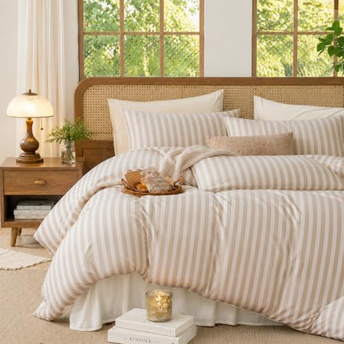 Lanqinglv Bettwäsche 155x220 Beige Weiß Gestreift,ÖKO-TEX Zertifiziert