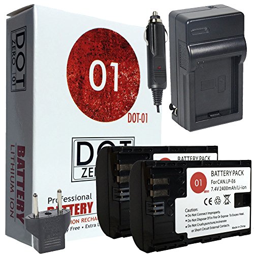 2x DOT-01 Brand 2400 mAh Replacement Canon LP-E6 Batteries and Charger for Canon EOS 5D Mark II Digital SLR Camera and Canon LPE6