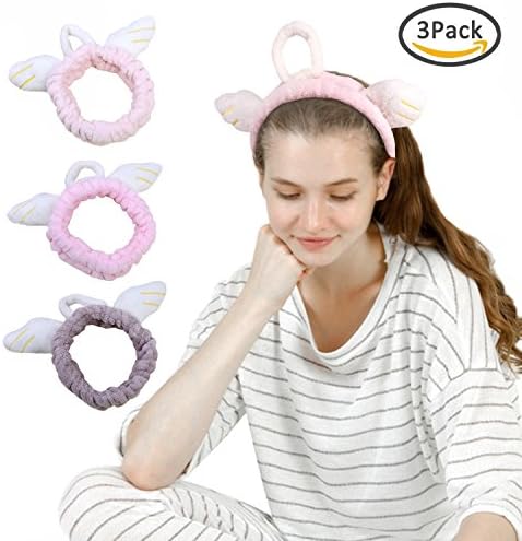 Cute Angel Ears Plush Headband Hair Band For Women Girls Ladies - Suit For Makeup Bath Sports Yoga Fitness Wash Face Facial cleaning (3Pcs, Pink+Light Pink+Brown)