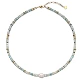 JURYLOO Beaded Necklace for Women, Colorful Gemstone Freshwater Pearl Choker Necklace 14K Gold Natural Stone Handmade Jewelry