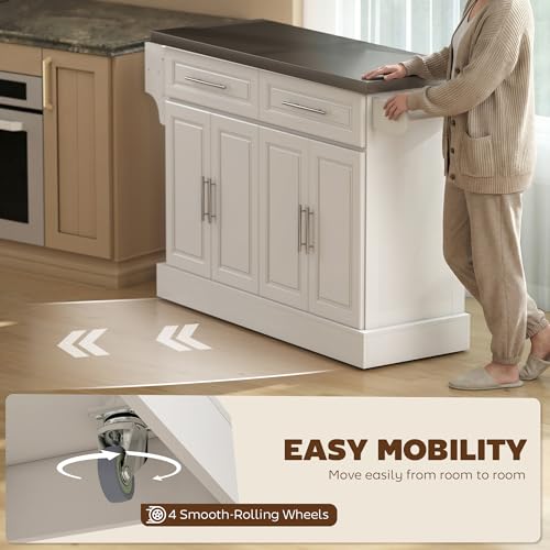HOMCOM Kitchen Island with 47" Stainless Steel Top, Rolling Kitchen Cart on Wheels with 2 Drawers, 2 Cabinets, Towel & Knife & Spice Rack, White