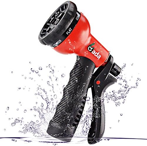 Gada Garden Hose Nozzle, Heavy Duty 8 Watering Patterns, ABS Hand Sprayer - High Pressure ，Best for Lawns, Plants &amp; Shrubs, Washing Cars, Dogs + Pets (Red)