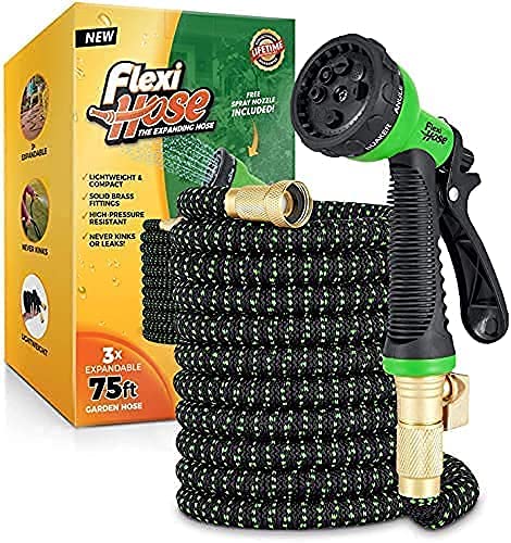 Flexi Hose with 8 Function Nozzle, Lightweight Expandable Garden Hose, No-Kink Flexibility, 3/4 Inch Solid Brass Fittings and Double Latex Core