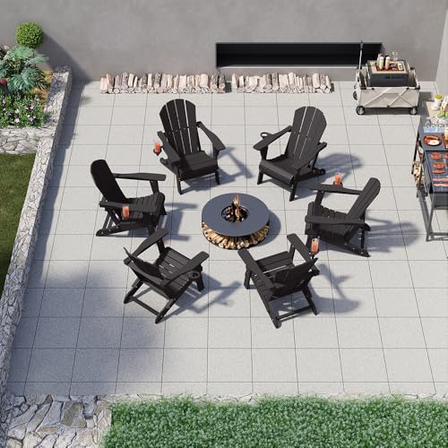 Patio Kingdom Folding Adirondack Chairs with Cup Holders, Set of 6 HDPE Plastic Outdoor Chairs, Weather Resistant, Real Wood Look, Heavy-Duty Patio Furniture for Deck, Fire Pit, Backyard, Black