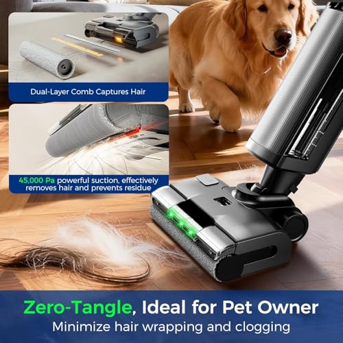 Wet Dry Vacuum Cleaner, 45kPa Vacuum Mop All in One, Mop Vacuum Cleaner for Hard Floor Cordless Vacuum Mop Combo with Self-Cleaning,75 Mins Runtime, Anti-Tangle, LED Light,180° Lay-Flat,Self Propelled