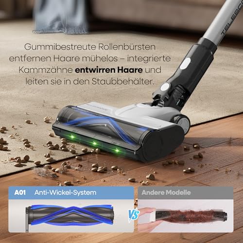 AlloyMove Battery Vacuum Cleaner 50,000 Pa/550 W/70 Min, 1.5 L Cordless Vacuum Cleaner with Anti-Tangle Brush and Wall Charging Station, 7-Layer Filter System, Super Quiet for Pet Hair, Carpets, Hard