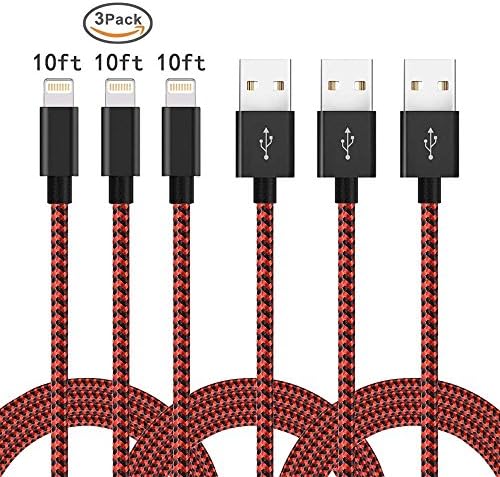 Lightning Cable,Rongqx 3Pack 10FT Nylon Braided Line,USB iPhone Charger Cord for iPhone 7/7 Plus/6/6Plus/6s/6s/Plus/5/5c/5s/SE/IPad/iPod/Min and More Red