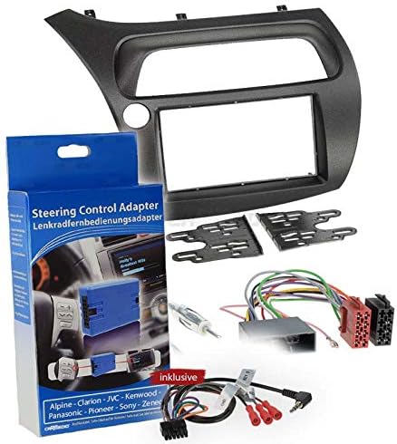 Honda Civic Type R 07-10 2-Din Car Radio Installation Kit with Steering Wheel Remote Control Adaptor (Alpine Clarion Kenwood Pioneer, Sony, Zenec) – Connection Cable, Black Radio/Antenna Adaptor