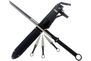 OTAKUMOD 28" Tactical Fixed Tanto Blade Style Machete with 3 PCS 6" Fixed Blade Set. for Collection, Gift, and Outdoor Campimg to Cut Branches and Ropes (Black)
