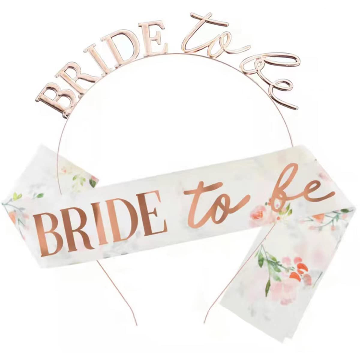 Set of 2 Bride to Be Sash and Headband, Bride Tiara and Sash Floral Hen Party Sash Hen do Sash with Crown for Bride Shower, Wedding, Bachelorette Party (Rose Gold)