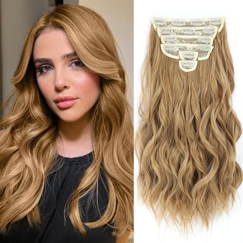 Photo 1 of Fliace Clip in Hair Extensions, 6 PCS Natural & Soft Hair & Blends Well Hair Extensions, Lonng Wavy Hairpieces(16inch, 6pcs,Biscuit Brown)