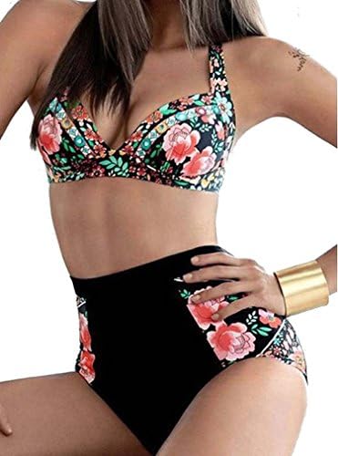 Nacy Women's Halter Geometric Print High Waisted Strappy Bikini Swimsuits (S, Black 1)