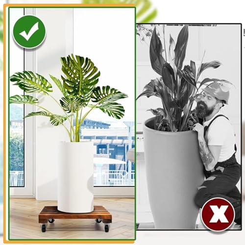 Heavy Duty Plant Caddy, Wood Rolling Plant Stand 220 LB, 2 PCS 14in with 4 Wheels, Wooden Plant Dolly with Metal 360° Lockable Caster Wheels, for Outdoor Indoor Plant Pots, Flower Pot, Patio (Square)