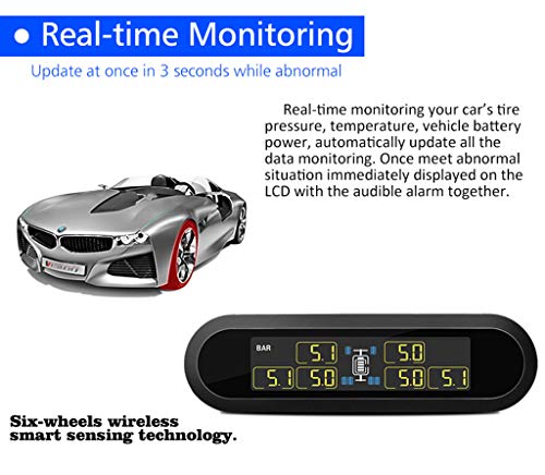 Wireless TPMS Tire Pressure Monitoring System Solar Power with 6 External Sensors Real-time Display Temperature and Pressure LCD Display, Real-time Alarm Function (Black)