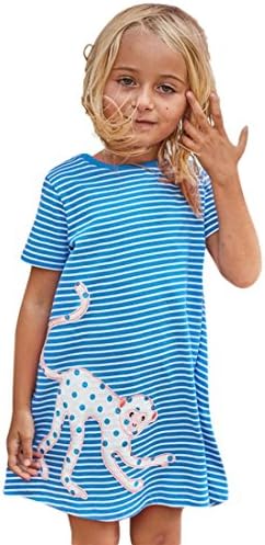 Sumen Summer Stripe Short Sleeve Baby Girls Cartoon Animal Embroidery Dress for Toddler 1-6 Years
