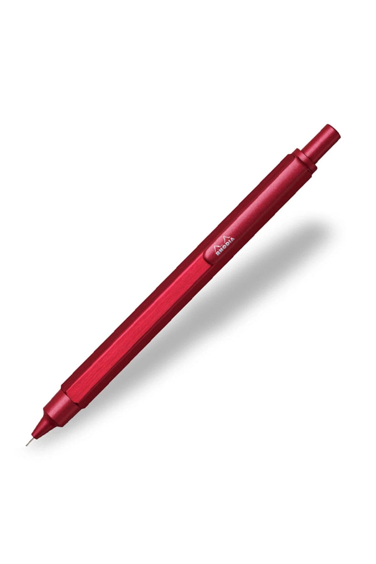RHODIA 9394C - scRipt Mechanical Pencil Hexagonal Body in Brushed Aluminium - Red - for Standard 0.5 mm Graphite Leads, Retractable Steel Barrel, Eraser Under the Push Button - scRipt Collection