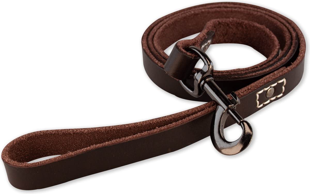 Leather Dog Lead 140 cm – Hand‑Stitched Brown Full‑Grain Leather, Black Clip, Padded Handle, Strong Training Dog Leash for Medium & Large Breeds