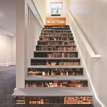 FLFK 3D Bookcase Stair Riser Stickers Simulation Bookshelf Wall Stair Stickers Mural Wallpaper Removable Decals for Home Decor 39.3
