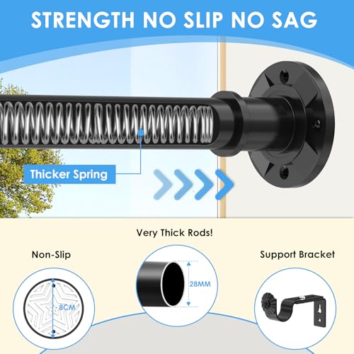 Veloxtera Black Shower Curtain Pole 78-223 cm, 28mm Extendable Tension Curtain Rod No Drill, Adjustable Heavy Duty Shower Rail with 1pcs Bracket for Bathroom, Window, Door