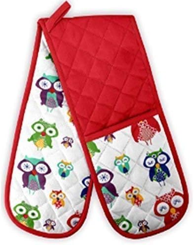 Jungle Forest Owl Bird Red Double Kitchen Bbq Oven Cooking Baking Gloves Mitts Thick Padded Cotton Mittens