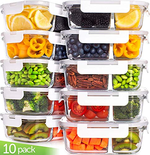 Prep Naturals Glass Meal Prep Containers Glass Food Storage Containers with Lids - 2 Compartment Glass Lunch Containers (20 Pcs.) Glass Storage Containers with Lids Glass Containers for Food Storage