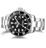 PASOY Men Luminous Watch Rotatable Bezel Silver Stainless Steel Waterproof Black Dial Analog Watches 40MM