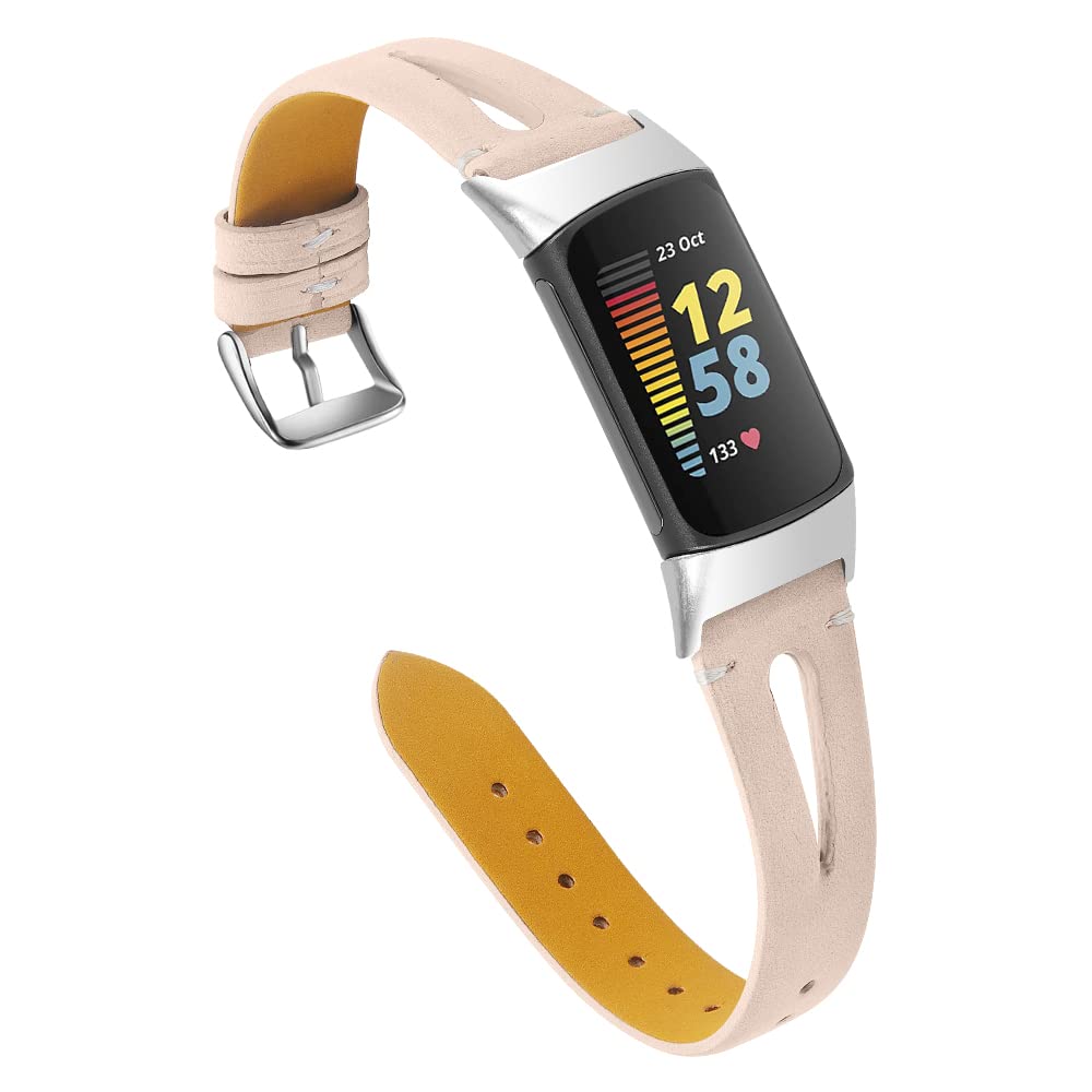 Gimuk Leather Strap Compatible with Fitbit Charge 5, Adjustable Replacement Strap Band Sport Fitness Wristband for Charge 5 Women Men (Apricot)