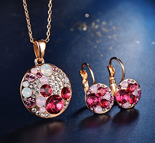 [Presented by Miss New York] Leafael "Ocean Bubble" Made with Swarovski Crystals Multi-stone Red Pink Pendant Necklace Earrings Jewelry Set, 18K Rose Gold Plated, 18" + 2", Nickel/Lead Free, Gift Box - Thumbnail 4