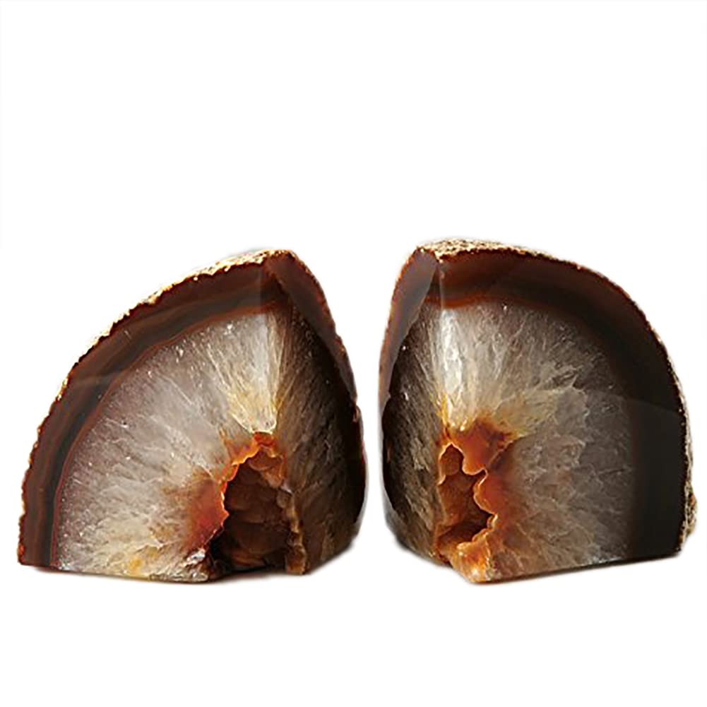AMOYSTONE Agate Bookends Shelve Decor Stone Book Ends for Heavy Books Nature Brown with Rubber Bumper(1 Pair, 3-4 LBS)