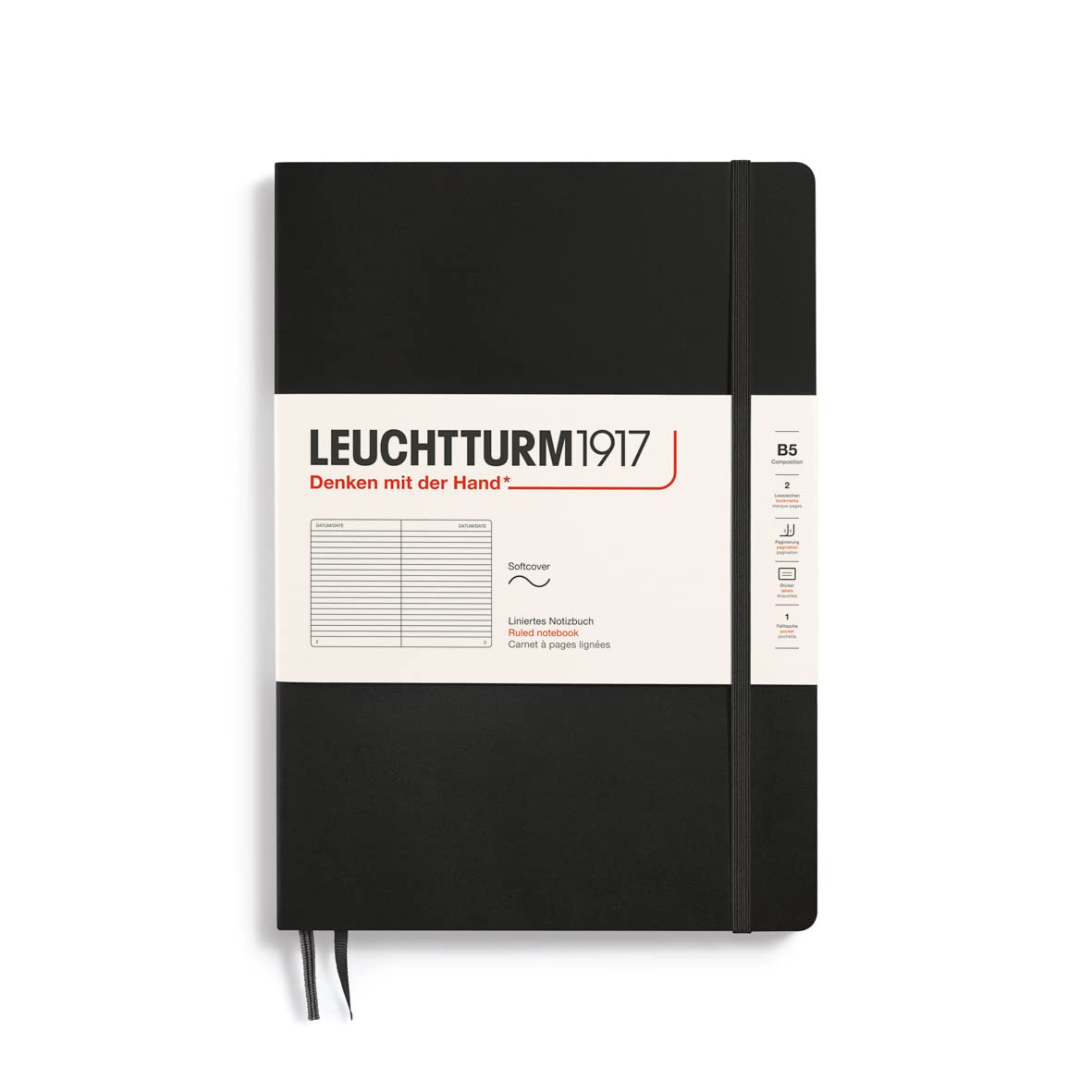 LEUCHTTURM1917 349296 Notebook Composition (B5) Softcover, 123 Numbered Pages, Ruled, Black