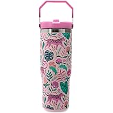 Mayim Adventure Flow- 30oz Vacuum Insulated Water Bottle with Handle & Flip Straw Lid- Fashion Stainless Steel Tumbler- Leak Resistant, BPA-Free, Cupholder Friendly (Pink – Tropical Leopard Jungle)