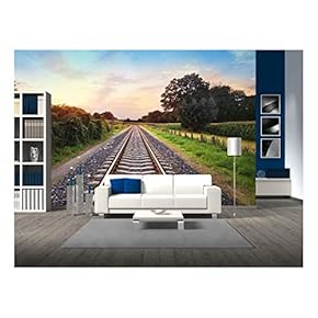 Railway Tracks in a Rural Scene with Nice Pastel Sunset - Removable Wall Mural | Self-Adhesive Large Wallpaper - 66x96 inches