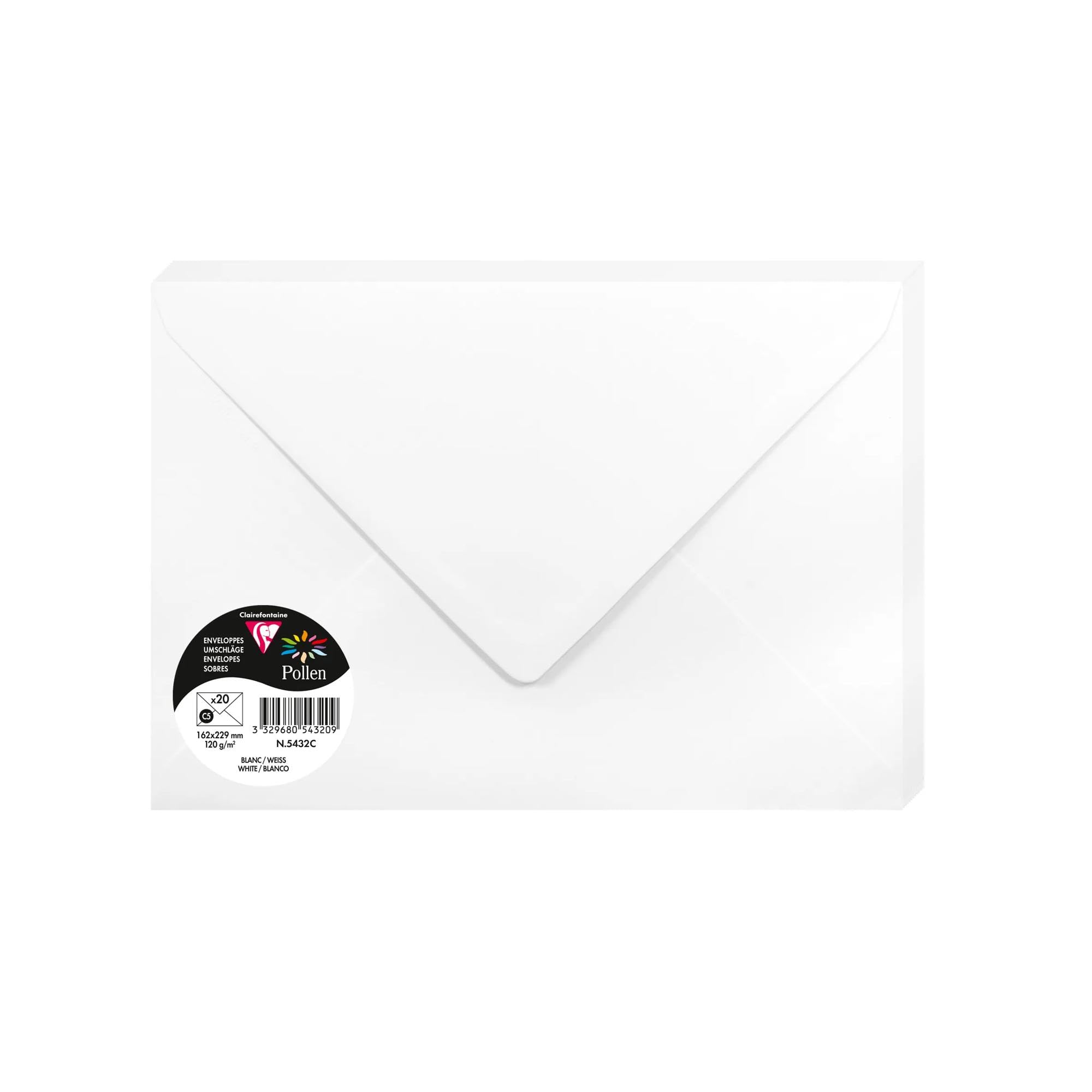 Clairefontaine 5432C Pack of 20 Gummed Envelopes Format C5 16,2x22,9cm 120gsm colour White Invitation Events Correspondence Pollen Range Premium Smooth Paper