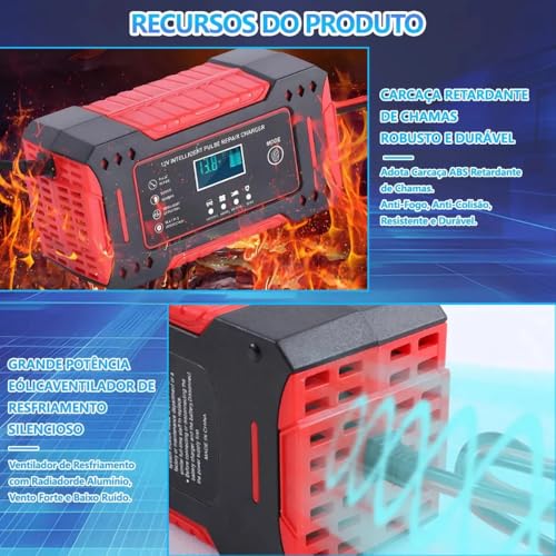 Carregador de Bateria Inteligente 12V Bivolt com Display Digital – Para Carro, Moto e Caminhão | Proteção contra Superaquecimento, Sobrecarga, Curto-Circuito e Compensação de Temperatura - Premium