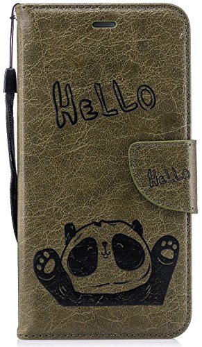 For Apple iPhone 8 Plus Case,iPhone 7 Plus Case Leather Wallet Phone Protective Cover [Kickstand Wrist Strap][Army Green Hello Panda] Flip Full Body Credit Card Slot Magnetic Closure Stand Accessories