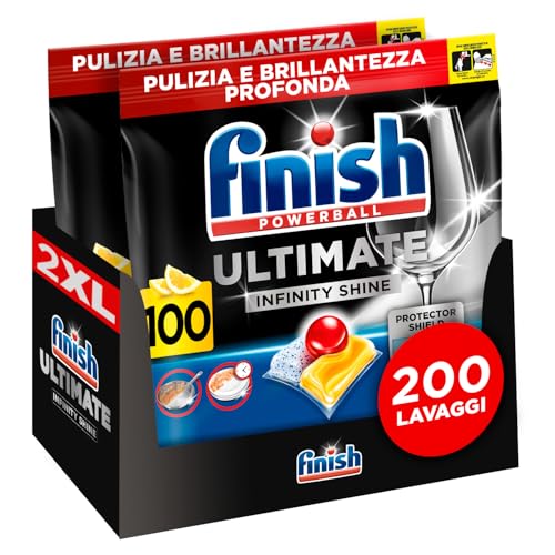 Finish Ultimate Infinity Shine Pastiglie Lavastoviglie, 200 Capsule Lavastoviglie al Limone, Pastiglie per Lavastoviglie contro lo Sporco e i Residui Incrostati