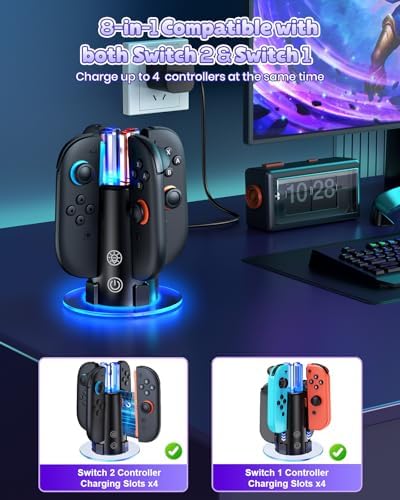 Switch Controller Stazione di ricarica per Joy Con 2 e 1 con luci RGB, compatibile con Nintendo Switch 2 e 1 e accessori OLED, supporto di ricarica portatile, controller compatto