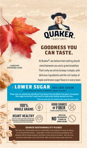 QUAKER LOWER SUGAR INSTANT OATMEAL, MAPLE BROWN SUGAR, 1.19OZ PACKETS, 8 COUNT (PACK OF 1)