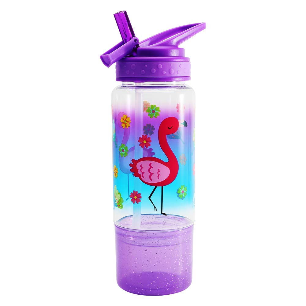 Home Tune Kids Water Drinking Sip Bottle (530ml) - Tritan BPA Free, Flip Straw Lid, Easy Open, Lightweight, Snack Compartment, Leak-Proof Water Bottle with Cute Design For Girls & Boys - Flamingo