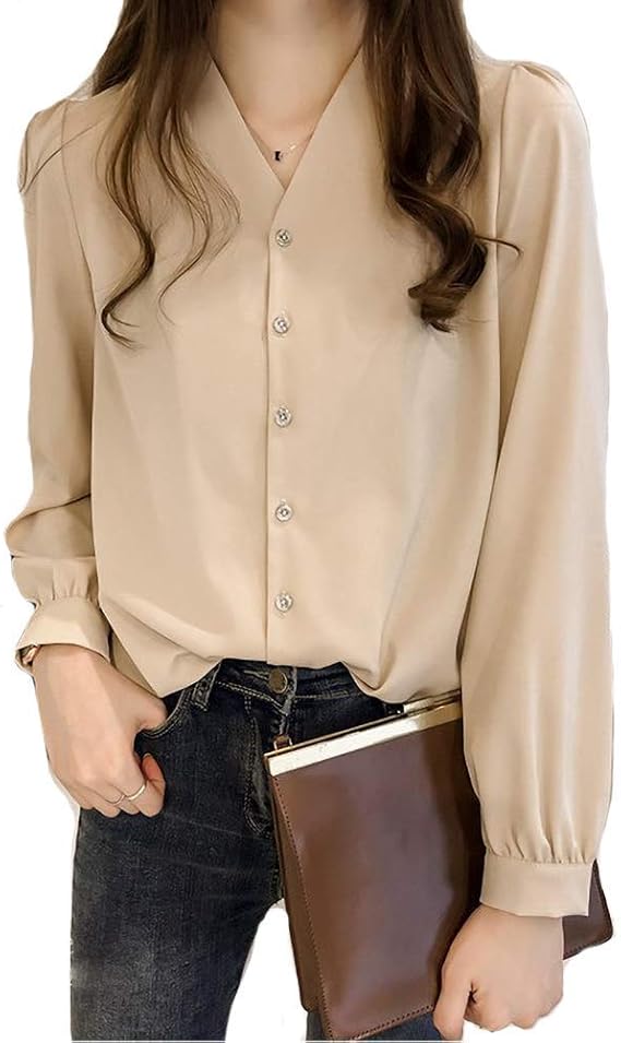 Amazon アトシャオン Hatxiao ブラウス Vネック シフォン レディース ワイシャツ とろみ シャツ アプリコット M シャツ ブラウス 通販