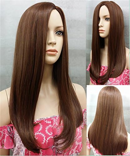 StrongBeauty Women's Long Silk Straight No Bangs Skin Part Top Synthetic Wig Chestnut Brown Mix Auburn