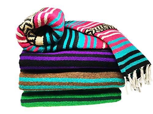 Spirit Quest Supplies Bodhi Blanket Mexican Style Throw Blanket - Falsa Blanket for Yoga, Picnics, Beach, Tapestry, Camping, More (Desert Flower: Magenta Pink, Green-Teal, White, Black, Tan)