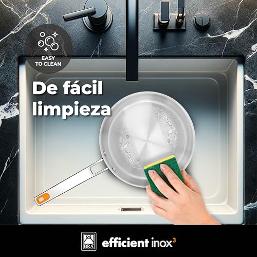 BRA Efficient Inox | Wok 28 cm, Three-Layer (18/10 Stainless Steel Interior + Aluminium Interior + 18/0 Magnetic Stainless Steel Exterior), Induction Safe, Non-Stick, Riveted Handle
